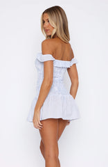 Winners Circle Off Shoulder Mini Dress Blue Stripe